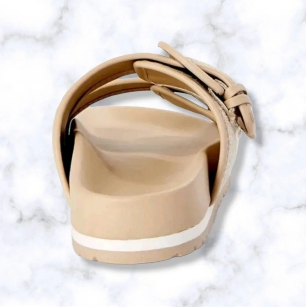 #466 New Women's Footbed Slides Sandals Flats Khaki Cream White Size 11 Shoes - Picture 5 of 6